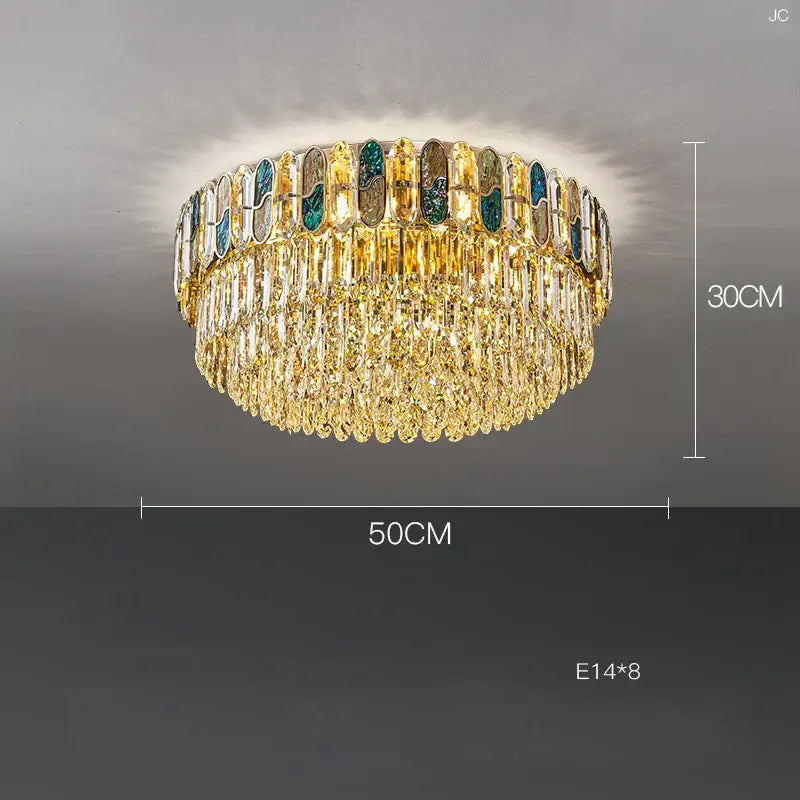 Decorbites crystal chandelier led lighting with gold-toned frame and turquoise amber clear glass panels for living room
