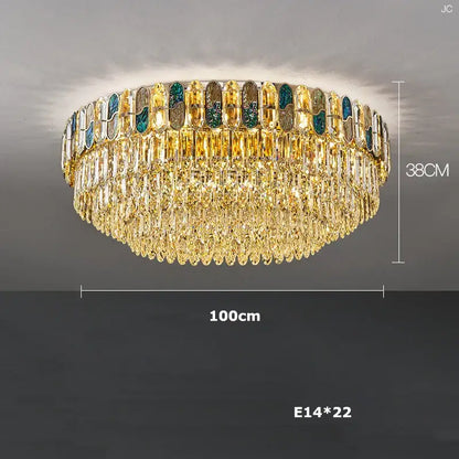 Gold-toned decorbites crystal chandelier led lighting with tiered teardrop crystals and green gold silver inlays for living room