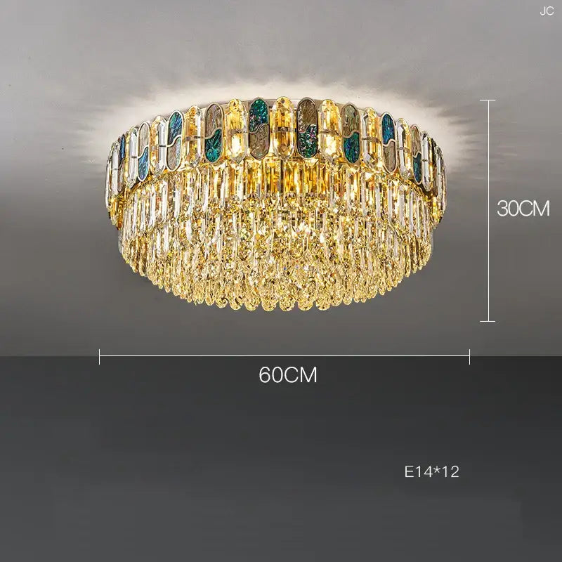 Gold-toned DecorBites crystal chandelier with tiered clear and teal glass panels and cascading golden crystals LED lighting