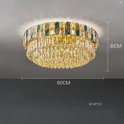 Gold-toned DecorBites crystal chandelier with tiered clear and teal glass panels and cascading golden crystals LED lighting