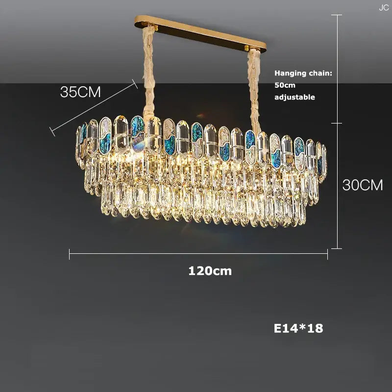 Gold-toned decorbites crystal chandelier with cascading crystal droplets and blue-tinged accents for living room lighting