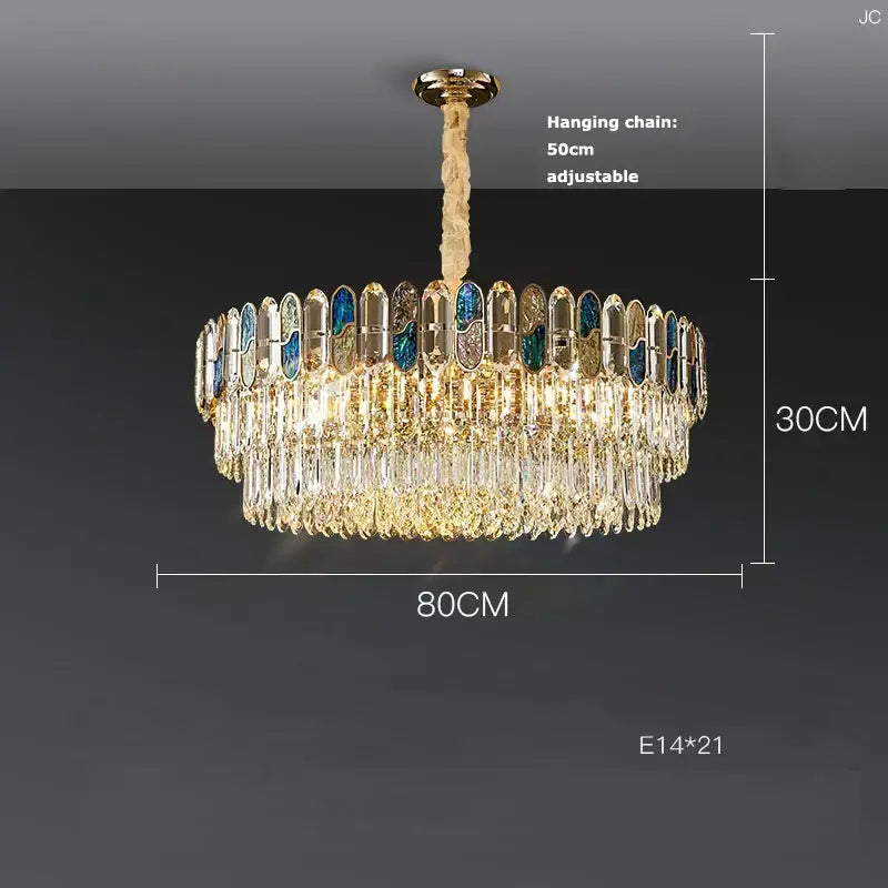 Gold-toned decorbites crystal chandelier led lighting with cascading crystal droplets and blue-tinted glass panels for living room