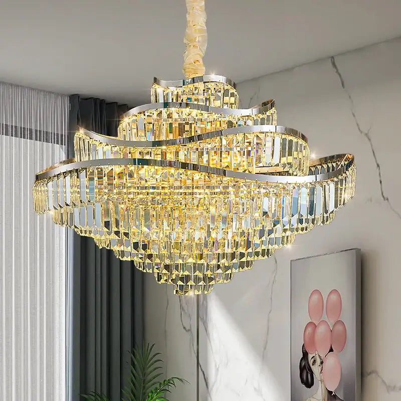 Golden decorbites crystal chandelier led lighting with layered curved metal frames and cascading faceted crystals for luxury rooms