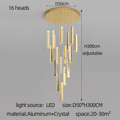 Gold-toned DecorBites crystal chandelier with 16 crystal-encrusted LED heads on aluminum base for mezzanine lighting