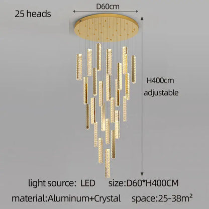 Gold-toned decorbites crystal chandelier led with 25 crystal-encrusted light bars and aluminum circular base for mezzanine lighting