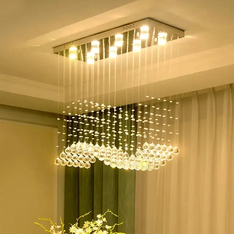 Rectangular decorbites crystal chandelier led pendant light with metallic frame and hanging teardrop crystals for living room