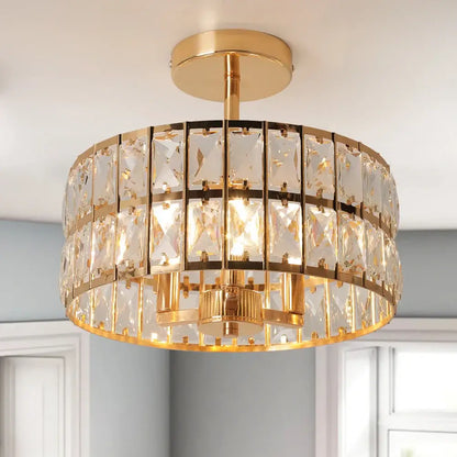 Decorbites crystal chandelier pendant light with two-tiered gold frame and rectangular faceted crystals led design