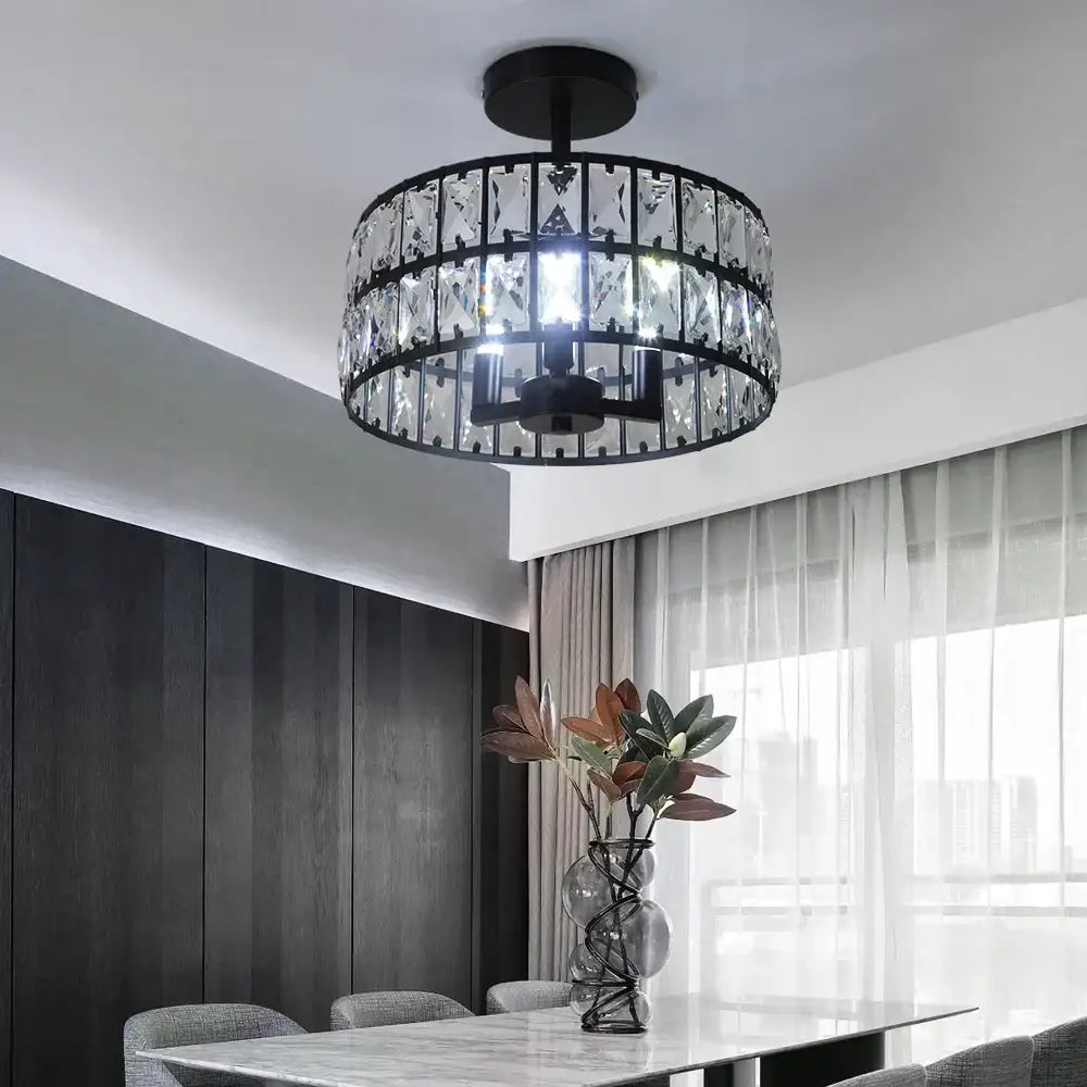 Black metal pendant light featuring a circular decorbites crystal chandelier led frame encrusted with clear faceted crystals