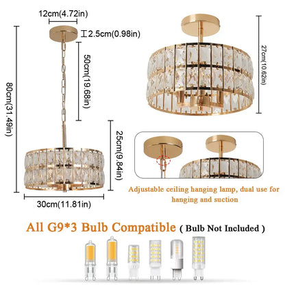 Gold-toned DecorBites crystal chandelier LED pendant light with two tiers of faceted glass for adjustable ceiling hanging
