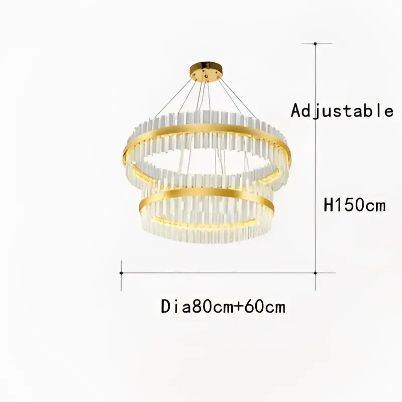 Gold-toned DecorBites crystal chandelier with clear crystal rods and adjustable height LED ring for dining room decor