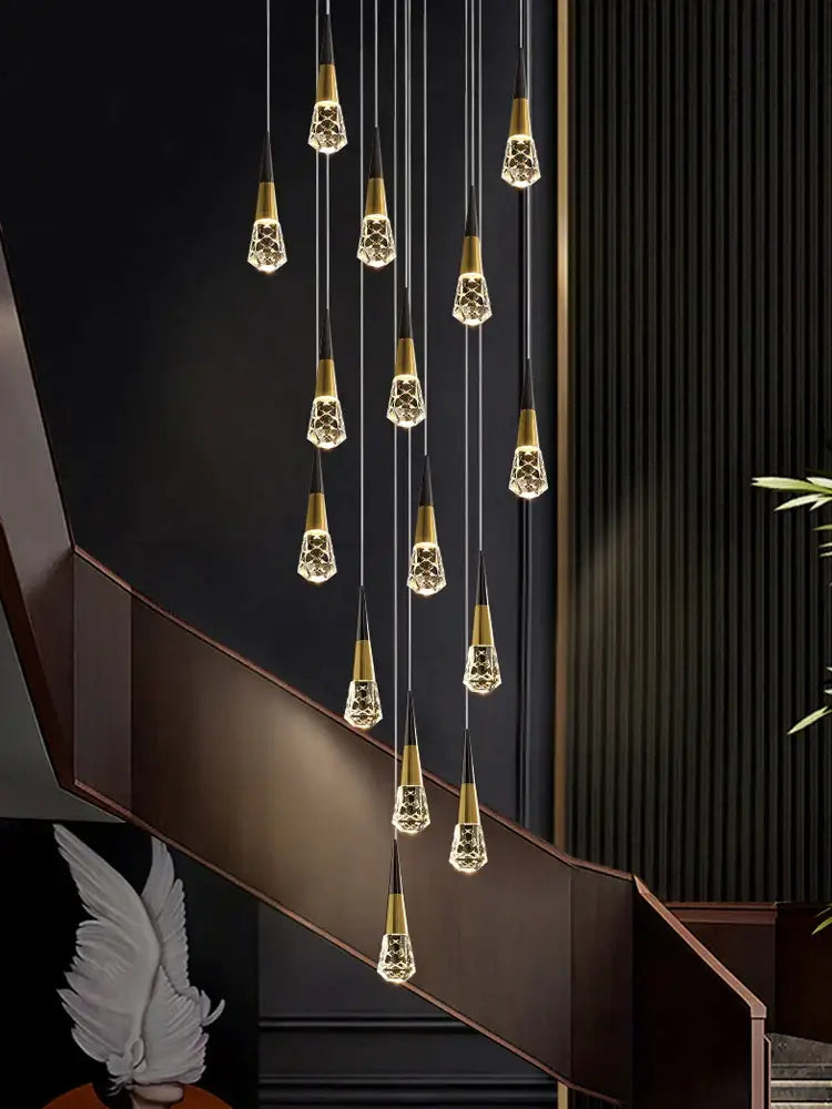 Golden-toned decorbites crystal chandelier led with faceted glass shades for elegant staircase and living spaces
