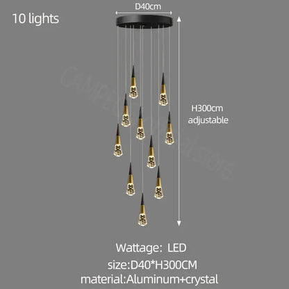 Decorbites crystal chandelier led with black and gold pendant and ten crystal lights for staircase and living room lighting