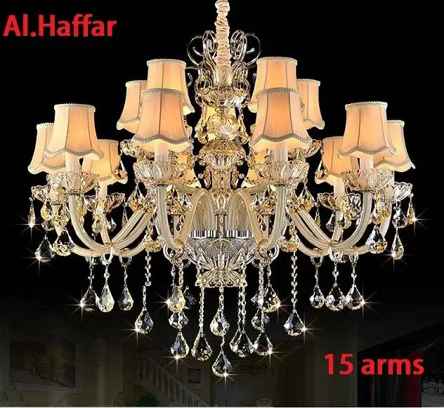 Gold-toned al.haffar decorbites crystal chandelier light with 15 arms, crystal droplets, and beige lampshades for luxury living