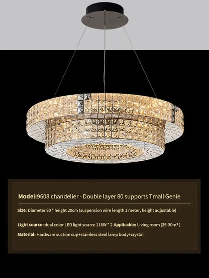 A modern DecorBites crystal chandelier with stainless steel frame and cascading crystals featuring warm dual-color LED lighting