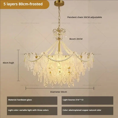 Elegant 80cm DecorBites crystal chandelier with frosted glass, gold-plated copper frame, and crystal feather shades