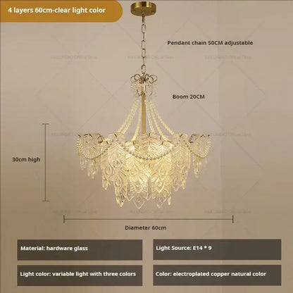 Decorbites crystal chandelier light with gold tone and four layers of cut glass and crystal droplets for living room luxury