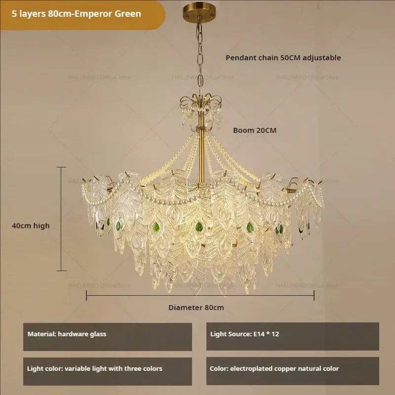 An elegant 80cm decorbites crystal chandelier light with five layers of clear glass and green gemstone accents