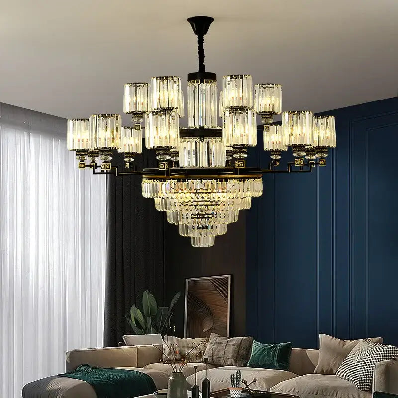 DecorBites crystal chandelier light with black metal frame and clear glass prisms emitting warm light for luxury spaces