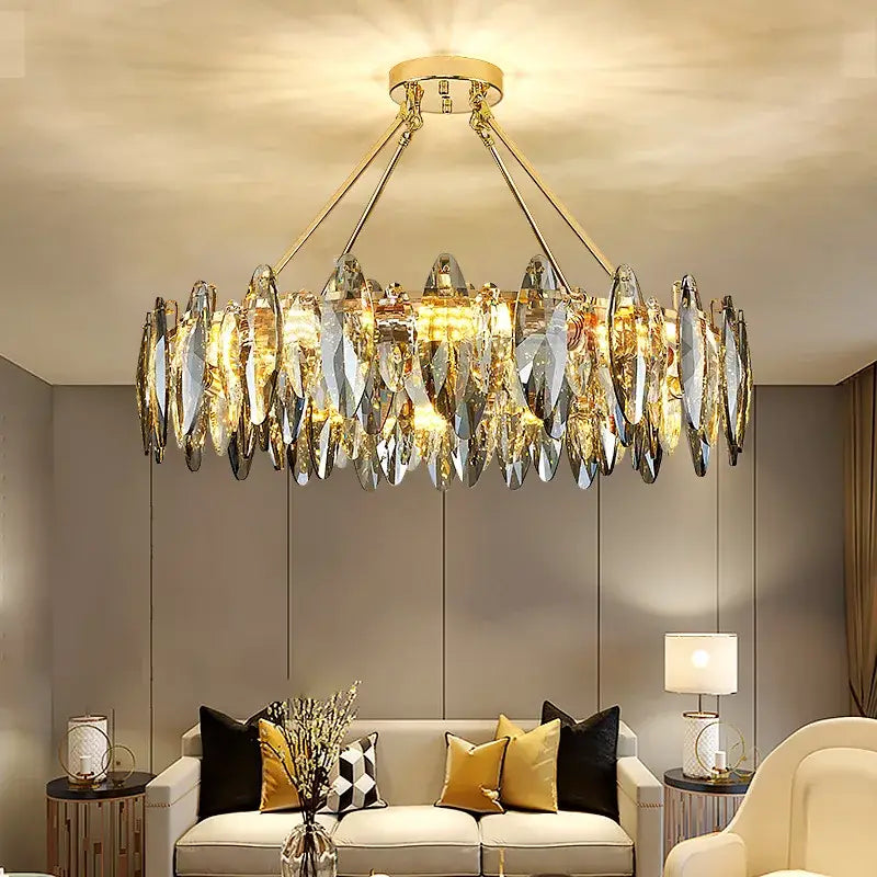 Gold-toned decorbites crystal chandelier light with cascading crystal leaves modern LED pendant lamp for bedroom and living room