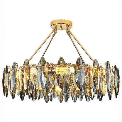 Gold-toned decorbites crystal chandelier light with cascading crystal leaves for bedroom and living room lighting