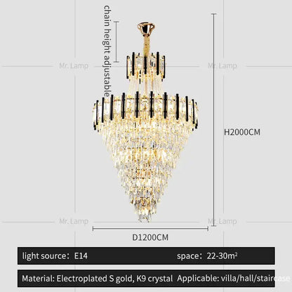 DecorBites crystal chandelier light with gold electroplated frame and cascading k9 crystal prisms for luxury lofts