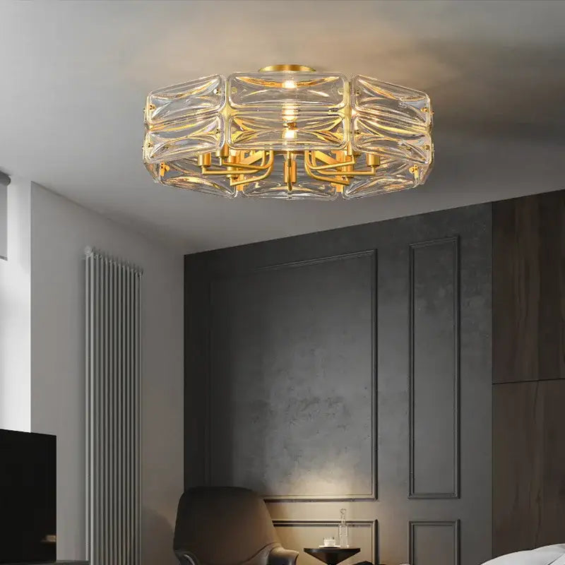 DecorBites crystal chandelier lighting with geometric faceted crystals and gold-toned metal for luxury home decor