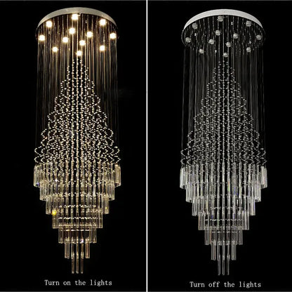 A decorbites crystal chandelier lighting featuring clear glass rods and dangling beads in a tiered tree-like design