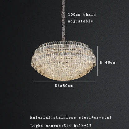 DecorBites crystal chandelier lights with a sleek stainless steel frame and cascading clear glass prisms refraction