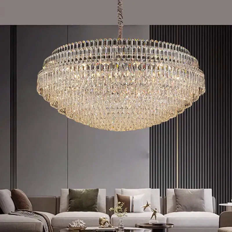 DecorBites crystal chandelier lights featuring multi-tiered faceted glass elements with warm glowing light