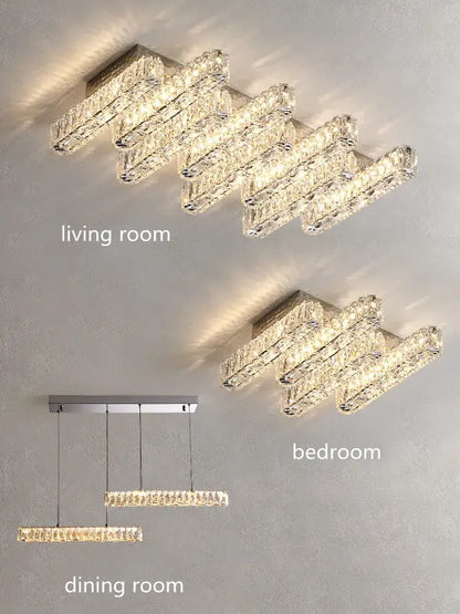 Modern decorbites crystal chandelier with sleek rectangular faceted glass bars for living dining bedroom lighting