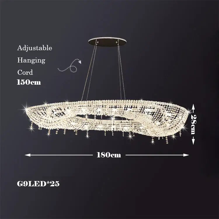 A sparkling oval decorbites crystal chandelier luminaire with metallic mount and adjustable hanging cord for indoor use