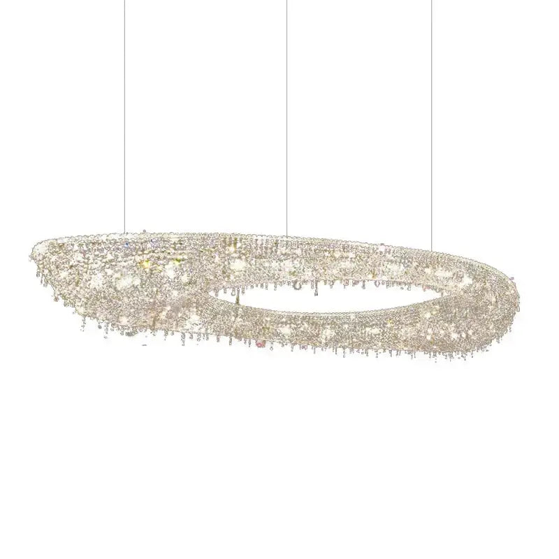 A decorbites crystal chandelier luminaire featuring a circular design with sparkling crystals and dangling droplets
