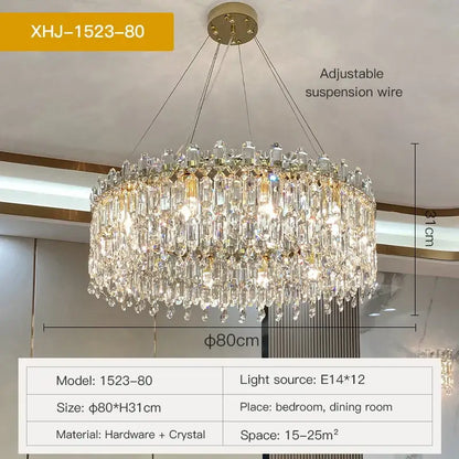 A luxurious gold-toned decorbites crystal chandelier with cascading clear faceted crystals and adjustable suspension wire model xhj-1523-80