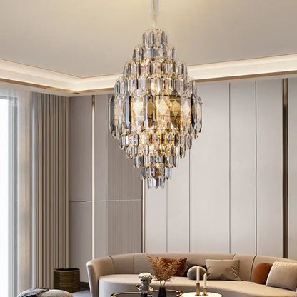 DecorBites crystal chandelier with gold-toned metal and faceted glass prisms for villa hotel and building projects