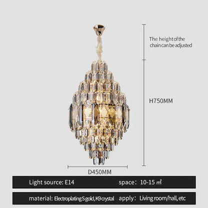 DecorBites crystal chandelier with tiered clear k9 crystals and gold electroplated accents for living room or hall