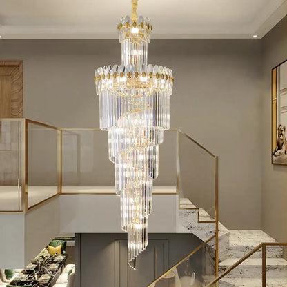 DecorBites crystal chandelier multi-tiered lighting fixture with gold accents and clear glass rods for luxe stairwell lighting