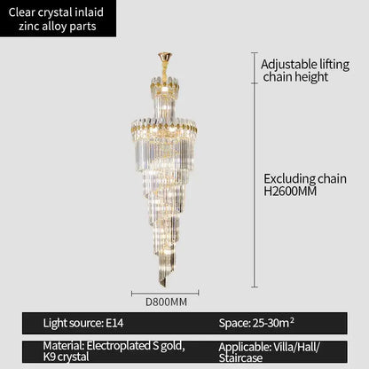 Elegant decorbites crystal chandelier with clear k9 crystals and electroplated gold accents, ideal for luxe stairwell lighting