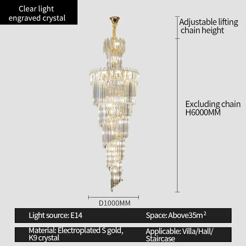 Elegant multi-tiered decorbites crystal chandelier with clear engraved crystals and gold electroplated accents for luxe stairwell lighting