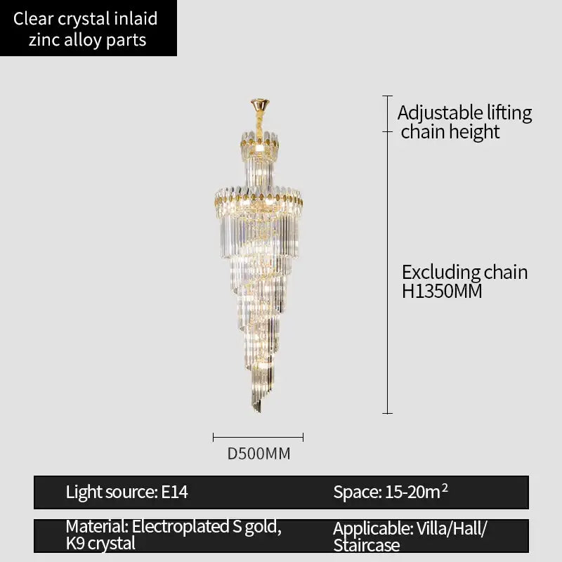 Elegant DecorBites crystal chandelier with tiered clear crystal inlays and electroplated gold finish for luxe stairwells