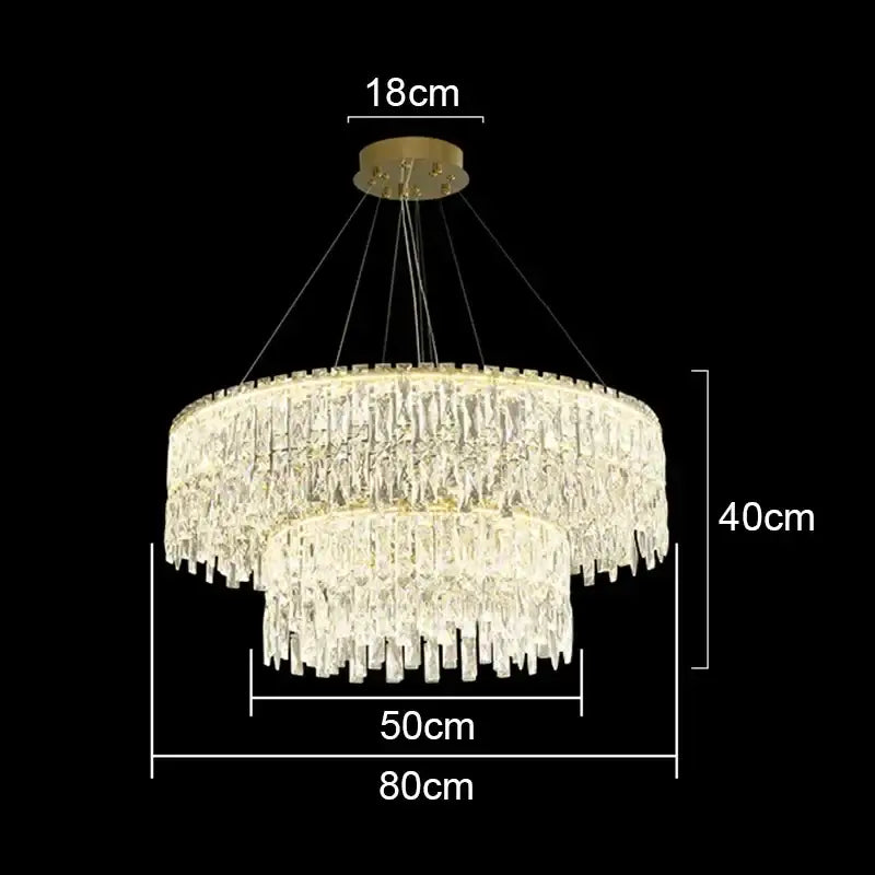 DecorBites crystal chandelier with two tiers of clear crystals and gold-toned mount for luxury bedroom lighting