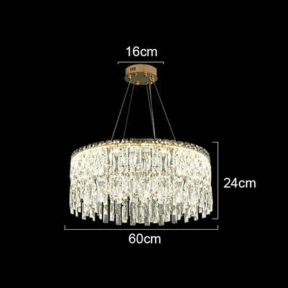 A modern decorbites crystal chandelier with clear crystal prisms and gold-toned mount for luxury bedroom and living room lighting