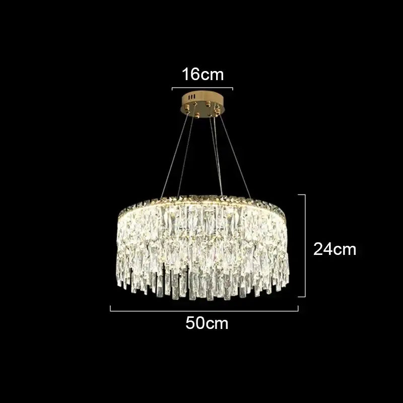 A modern decorbites crystal chandelier with cascading clear crystal prisms and gold-toned ceiling mount for luxury lighting