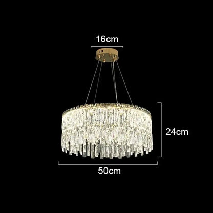 A modern decorbites crystal chandelier with cascading clear crystal prisms and gold-toned ceiling mount for luxury lighting