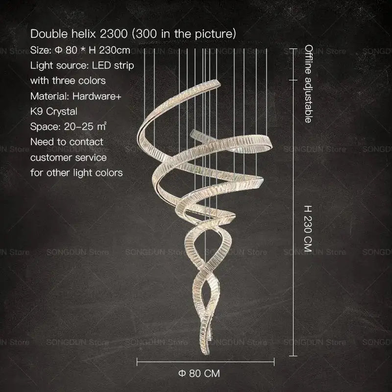 A sleek double helix decorbites crystal chandelier with modern spiral design made of k9 crystal and hardware luxury designer light