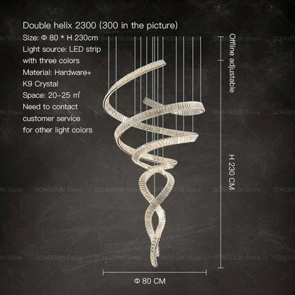A sleek double helix decorbites crystal chandelier with modern spiral design made of k9 crystal and hardware luxury designer light