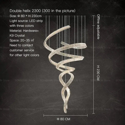 A sleek double helix decorbites crystal chandelier with clear k9 crystal and metallic hardware for luxury designer light