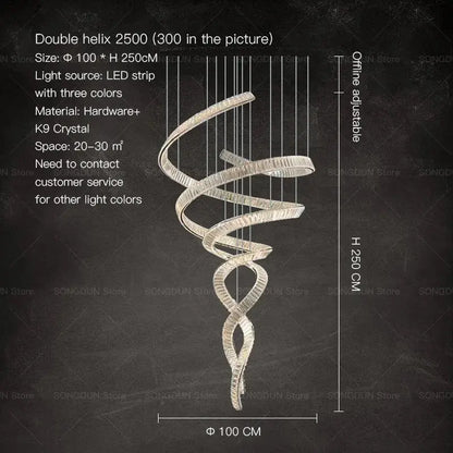 A sleek decorbites crystal chandelier featuring a modern double helix design with clear k9 crystal and led lighting