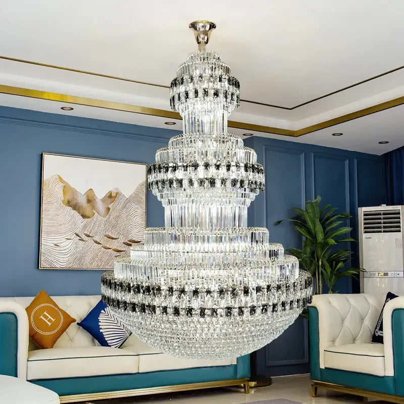 DecorBites crystal chandelier featuring cascading clear and black crystals with a gold-toned ceiling mount