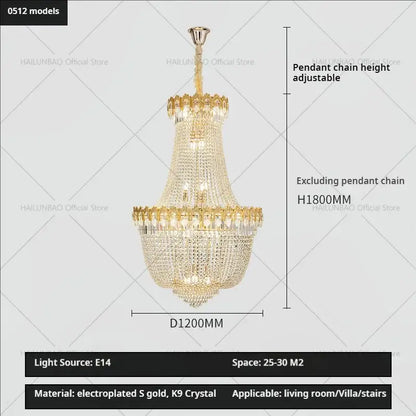 Gold electroplated decorbites crystal chandelier adorned with k9 crystal for luxury duplex hotel stairwell design