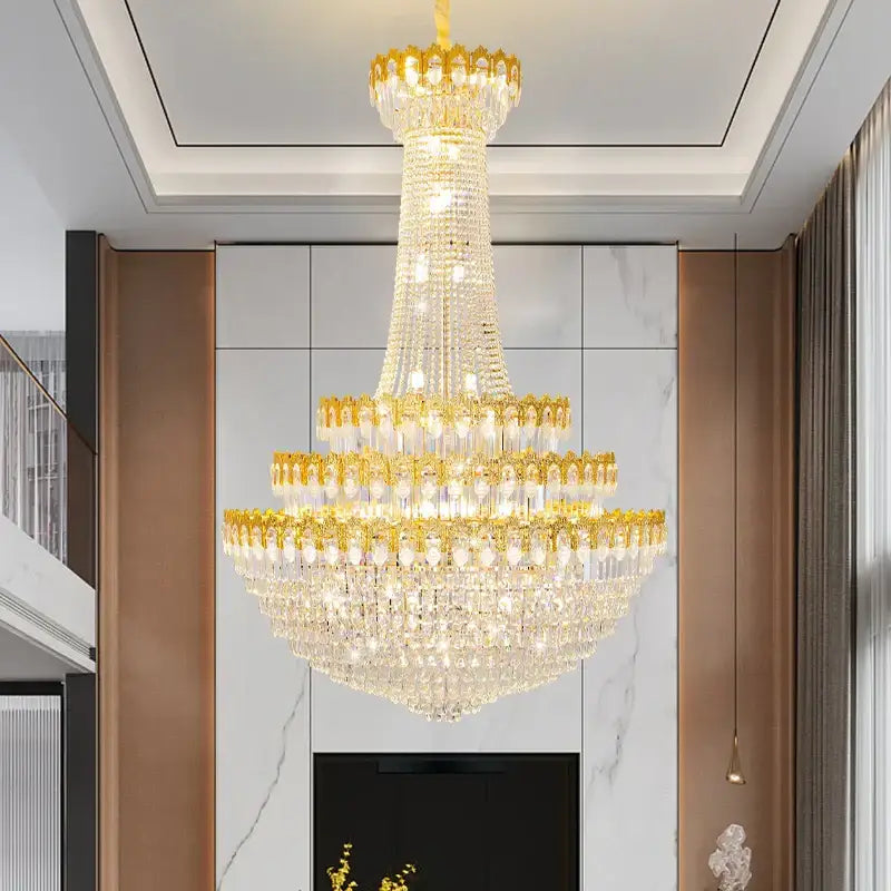 DecorBites crystal chandelier with multi-tiered design gold-toned metal and cascading clear crystals for luxury living room lighting